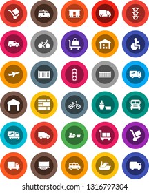 White Solid Icon Set- school bus vector, bike, plane, traffic light, ship, truck trailer, sea container, delivery, car, port, consolidated cargo, warehouse, Railway carriage, disabled, amkbulance