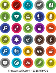 White Solid Icon Set- school building vector, ambulance star, heart cross, thermometer, gender sign, magnifier, pregnancy, syringe, crutches, scissors, scalpel, broken bone, pills, bottle, blister