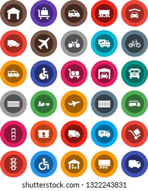 White Solid Icon Set- school bus vector, bike, Railway carriage, plane, traffic light, truck trailer, sea container, delivery, car, port, cargo, warehouse, disabled, amkbulance, garage, relocation