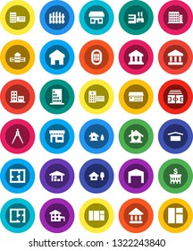 White Solid Icon Set- school building vector, drawing compass, university, bank, stadium, dry cargo, hospital, home, cottage, chalet, barn, fence, plan, apartments, love, store, mall, window