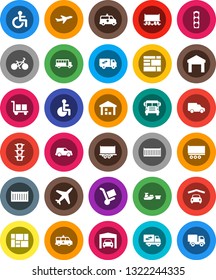 White Solid Icon Set- school bus vector, bike, Railway carriage, plane, traffic light, truck trailer, sea container, car, port, consolidated cargo, warehouse, disabled, amkbulance, garage, trolley