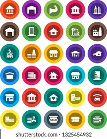 White Solid Icon Set- school building vector, university, bank, muscule hand, office, dry cargo, warehouse, hospital, house, cottage, garage, barn, sold signboard, apartments, love home, factory