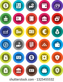 White Solid Icon Set- school building vector, bank, dollar coin, credit card, wallet, money bag, investment, check, receipt, medal, shield, safe, any currency, euro sign, gold ingot, reader