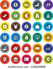 White Solid Icon Set- school building vector, bank, dollar coin, gold ingot, credit card, wallet, percent growth, money bag, investment, check, medal, safe, monitor, any currency, euro sign, yen