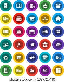 White Solid Icon Set- school building vector, drawing compass, bank, stadium, dry cargo, hospital, home, cottage, chalet, barn, fence, plan, apartments, office, love, store, mall, window