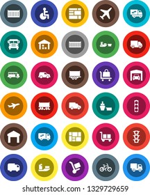 White Solid Icon Set- school bus vector, bike, Railway carriage, plane, traffic light, ship, truck trailer, sea container, delivery, car, port, consolidated cargo, warehouse, disabled, garage