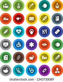 White Solid Icon Set- school building vector, ambulance star, disabled, heart pulse, thermometer, flask, eye, dna, insemination, syringe, dropper, crutches, patch, stethoscope, mortar, doctor hat