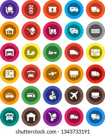 White Solid Icon Set- school bus vector, plane, traffic light, ship, truck trailer, sea container, delivery, car, port, consolidated cargo, warehouse, Railway carriage, disabled, amkbulance, garage