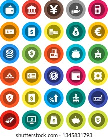 White Solid Icon Set- school building vector, bank, dollar coin, gold ingot, credit card, wallet, percent growth, money bag, piggy, investment, check, receipt, shield, monitor, any currency, yen