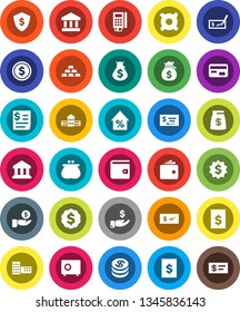 White Solid Icon Set- school building vector, bank, dollar coin, wallet, percent growth, money bag, investment, check, receipt, medal, shield, safe, any currency, gold ingot, credit card, reader