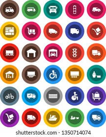 White Solid Icon Set- school bus vector, bike, Railway carriage, traffic light, ship, truck trailer, sea container, delivery, car, port, consolidated cargo, warehouse, disabled, amkbulance, garage