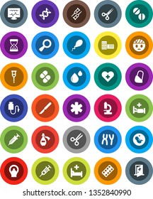 White Solid Icon Set- school building vector, ambulance star, heart cross, dna, magnifier, pregnancy, syringe, crutches, scissors, scalpel, sand clock, pills, blister, microscope, chromosomes, sperm