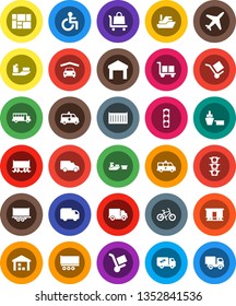 White Solid Icon Set- school bus vector, bike, Railway carriage, plane, traffic light, ship, truck trailer, sea container, delivery, car, port, consolidated cargo, warehouse, disabled, amkbulance