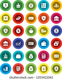 White Solid Icon Set- school building vector, bank, dollar coin, gold ingot, credit card, percent growth, money bag, piggy, check, receipt, medal, shield, monitor, any currency, wallet, reader