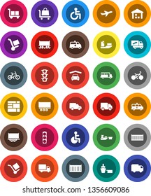 White Solid Icon Set- school bus vector, bike, Railway carriage, plane, traffic light, ship, truck trailer, sea container, delivery, car, port, consolidated cargo, warehouse, disabled, amkbulance