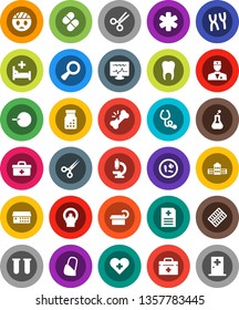 White Solid Icon Set- school building vector, doctor bag, ambulance star, heart cross, flask, vial, magnifier, insemination, scissors, broken bone, stethoscope, pills, bottle, blister, microscope
