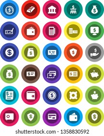 White Solid Icon Set- school building vector, bank, dollar coin, gold ingot, wallet, money bag, piggy, investment, check, receipt, shield, safe, monitor, any currency, credit card, reader