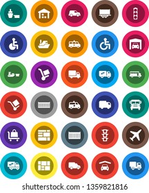 White Solid Icon Set- school bus vector, plane, traffic light, ship, truck trailer, sea container, delivery, car, port, consolidated cargo, warehouse, disabled, amkbulance, garage, relocation