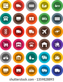 White Solid Icon Set- school bus vector, bike, Railway carriage, plane, traffic light, ship, truck trailer, sea container, delivery, car, port, consolidated cargo, warehouse, amkbulance, garage