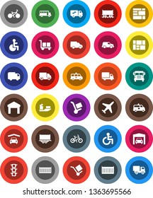 White Solid Icon Set- school bus vector, bike, Railway carriage, plane, traffic light, ship, truck trailer, sea container, delivery, car, consolidated cargo, warehouse, disabled, amkbulance, garage