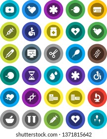 White Solid Icon Set- school building vector, heart cross, first aid kit, ambulance star, disabled, pulse, thermometer, vial, dna, insemination, syringe, crutches, scissors, sand clock, pills bottle