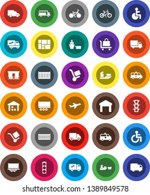 White Solid Icon Set- school bus vector, bike, plane, traffic light, ship, truck trailer, sea container, delivery, car, port, consolidated cargo, warehouse, Railway carriage, disabled, amkbulance