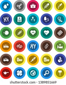 White Solid Icon Set- school building vector, heart pulse, doctor bag, disabled, thermometer, gender sign, magnifier, pregnancy, insemination, syringe, dropper, crutches, scissors, patch, eye hat