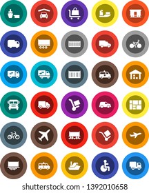 White Solid Icon Set- school bus vector, bike, Railway carriage, plane, ship, truck trailer, sea container, delivery, car, port, consolidated cargo, warehouse, disabled, amkbulance, garage, trolley