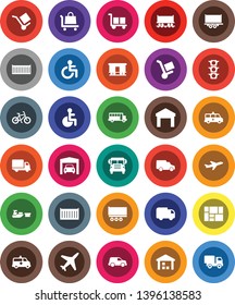 White Solid Icon Set- school bus vector, bike, Railway carriage, plane, traffic light, truck trailer, sea container, delivery, car, port, consolidated cargo, warehouse, disabled, amkbulance, garage
