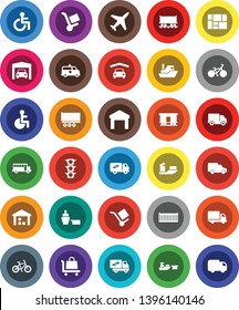 White Solid Icon Set- school bus vector, bike, Railway carriage, plane, traffic light, ship, truck trailer, sea container, delivery, car, port, consolidated cargo, warehouse, disabled, amkbulance