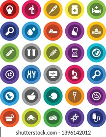White Solid Icon Set- school building vector, thermometer, vial, dna, magnifier, pregnancy, insemination, syringe, crutches, sand clock, pills, bottle, mortar, eye doctor hat, microscope, microbs