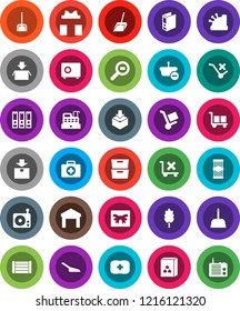 White Solid Icon Set- scoop vector, cereal, pasta, archive, binder, safe, first aid kit, wood box, cargo, no trolley, warehouse, package, search, radio, gift, cashbox, basket