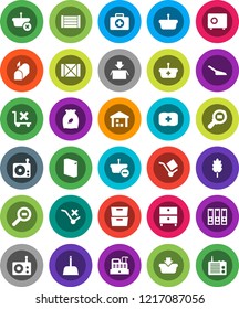White Solid Icon Set- scoop vector, washing powder, cereal, archive, binder, safe, first aid kit, wood box, cargo, no trolley, warehouse, search, radio, mailbox, cashbox, basket, package