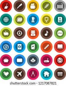 White Solid Icon Set- scoop vector, pan, toaster, double boiler, plates, book, ruler, drawing compass, pen, presentation, music, dollar coin, piggy bank, target, plane, oil barrel, mail, heart cross