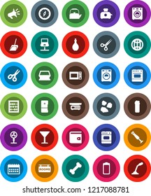 White Solid Icon Set- scoop vector, sponge, washer, cleaning agent, garbage pile, kettle, oil, microwave oven, compass, scissors, abacus, wallet, calendar, bone, glass, battery, notebook network