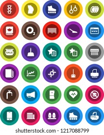 White Solid Icon Set- scoop vector, cookbook, spices, plates, graph, heart pulse, buttocks, roller Skates, no fastfood, gymnast rings, oxygen, traffic light, newspaper, loudspeaker, mobile phone