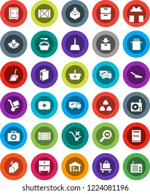 White Solid Icon Set- scoop vector, washing powder, cereal, pasta, archive, binder, safe, first aid kit, wood box, no trolley, warehouse, package, cargo search, radio, mailbox, relocation truck