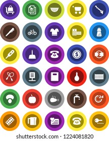 White Solid Icon Set- scoop vector, oil, colander, measuring cup, hand mill, mushroom, chicken leg, copybook, pen, dollar coin, crisis, diet, bike, jump rope, t shirt, heart monitor, sea container