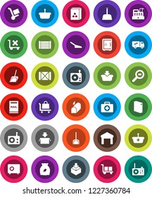 White Solid Icon Set- scoop vector, washing powder, cereal, safe, first aid kit, wood box, cargo, no trolley, warehouse, package, search, radio, mailbox, relocation truck, cashbox, basket