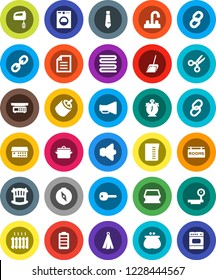 White Solid Icon Set- scoop vector, sponge, water tap, pan, measuring cup, towel, alarm clock, compass, scissors, document, tie, big scales, speaker, loudspeaker, link, battery, rca, chain, key