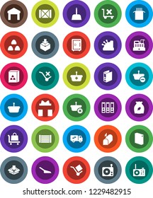 White Solid Icon Set- scoop vector, washing powder, cereal, pasta, binder, safe, wood box, cargo, no trolley, warehouse, package, radio, relocation truck, mailbox, gift, cashbox, basket