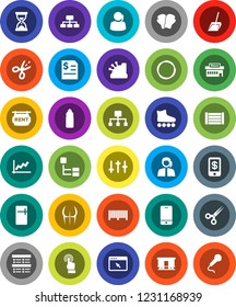 White Solid Icon Set- scoop vector, exam, graph, annual report, sand clock, hierarchy, buttocks, boxing glove, roller Skates, water bottle, hoop, support, wood box, Railway carriage, settings, mall