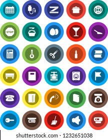 White Solid Icon Set- scoop vector, steaming, washing powder, pan, measuring cup, scales, cook press, egg, oil, copybook, calculator, flag, calendar, glass, speaker, classic phone, thermometer, key