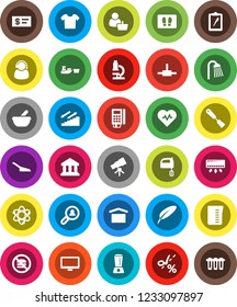 White Solid Icon Set- scoop vector, welcome mat, shower, measuring cup, spatula, mixer, pen, atom, telescope, microscope, bank, heart pulse, stairways run, no fastfood, port, clipboard, dry cargo