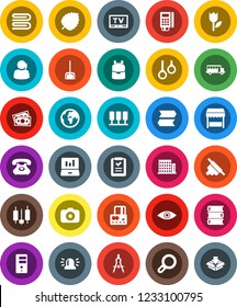 White Solid Icon Set- scoop vector, towel, rolling pin, book, drawing compass, backpack, school bus, leaf, japanese candle, laptop graph, credit card, gymnast rings, earth, money, phone, support, tv