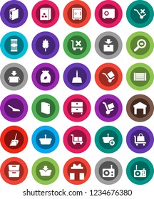 White Solid Icon Set- scoop vector, washing powder, cereal, pasta, archive, binder, safe, wood box, cargo, no trolley, warehouse, package, search, radio, gift, basket