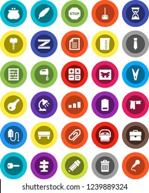 White Solid Icon Set- scoop vector, clothespin, trash bin, drying clothes, measuring cup, mixer, pen, pencil, table lamp, abacus, document, case, sand clock, tie, signpost, sorting, battery, bench