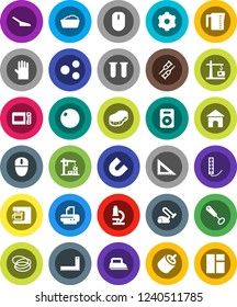 White Solid Icon Set- scoop vector, sponge, foam basin, rubber glove, measuring cup, whisk, corner ruler, microscope, magnet, fitball, hoop, speaker, rca, vial, crutches, gear, share, iron, printer