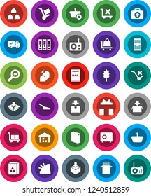 White Solid Icon Set- scoop vector, washing powder, cereal, pasta, binder, safe, first aid kit, cargo, no trolley, warehouse, package, search, radio, mailbox, relocation truck, gift, cashbox, basket