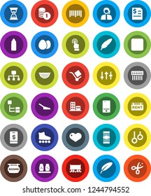 White Solid Icon Set- scoop vector, colander, spices, egg, pasta, pen, coin stack, annual report, sand clock, roller Skates, water bottle, gymnast rings, Railway carriage, support, cargo, barcode